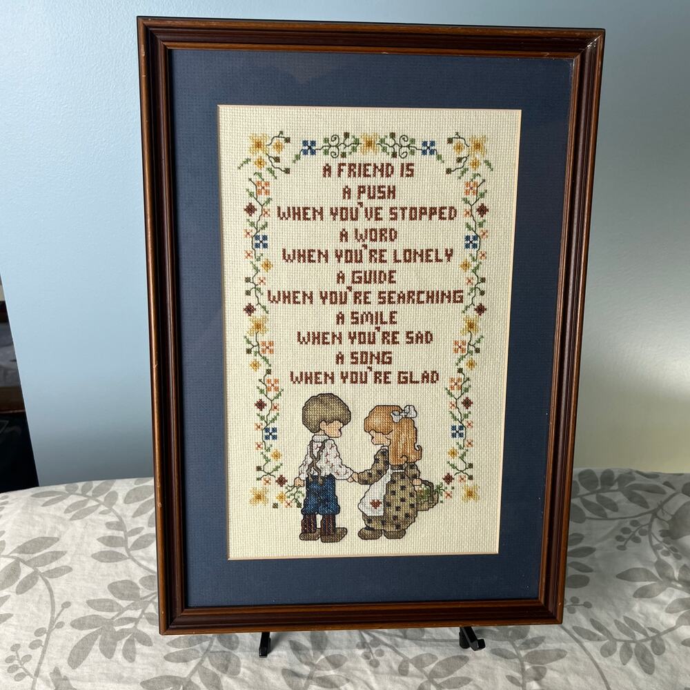 Framed Hand Cross Stitch Friendship Sampler Folk Art Cottage Decor Wall Hanging